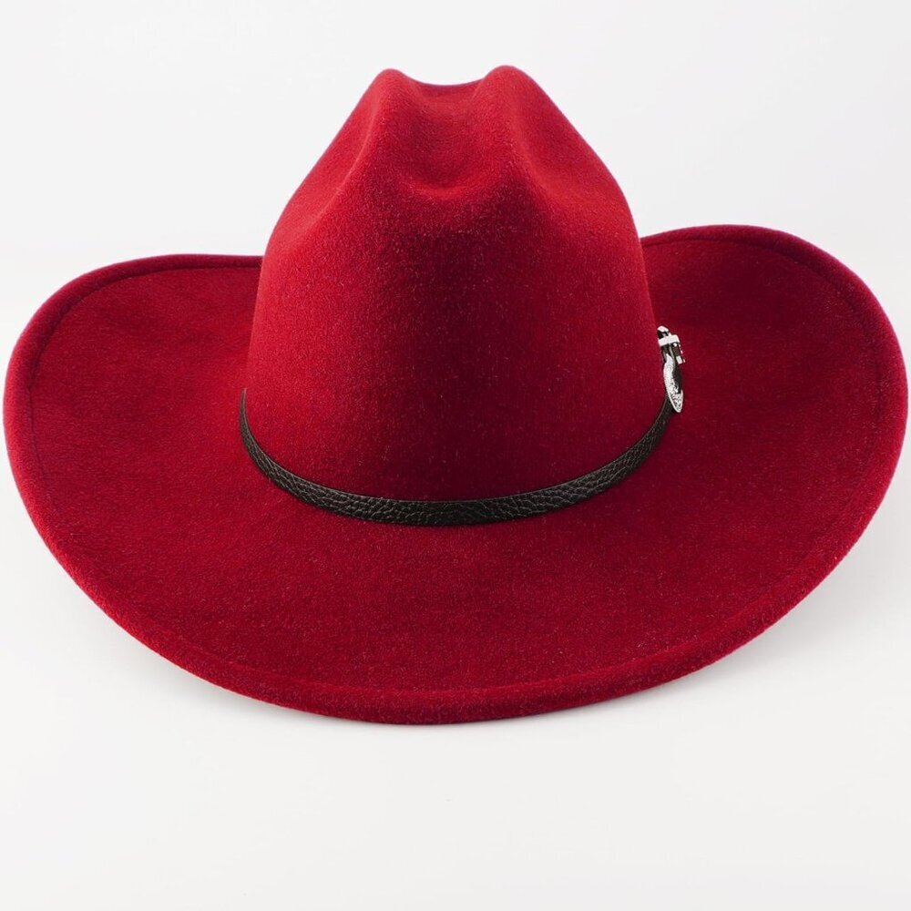 Women's Red Western With Brim Belt Buckle Classic Fedora Cowboy Felt Hat - Picture 5 of 7